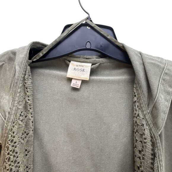 Knox Rose Military Green Hooded Cardigan L Crochet Roll-Up Boho Cargo Utility - Picture 6 of 12